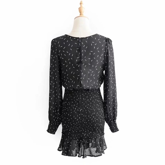 Black Confetti Long Sleeve Wrap Shirred Mini Dress - Picture 5 of 5